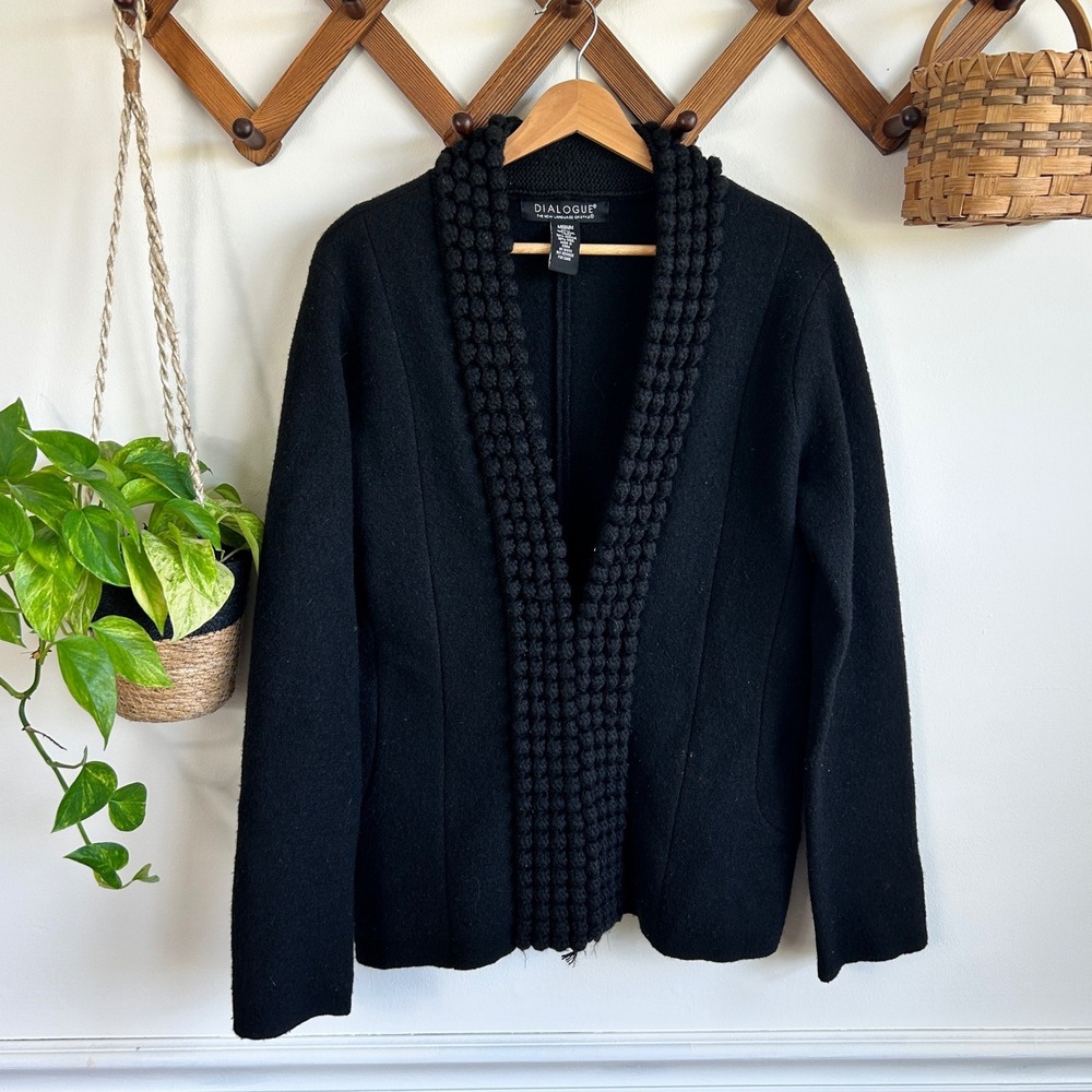 Vintage Dialogue Black Boiled Wool Jacket Popcorn Knit Trim Hook Eye Career
